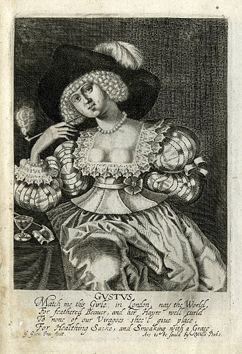 Сидящая  на 3/4 женщина с длинной глиняной трубкой. Британский музей, гравюра ок.  1630 г.