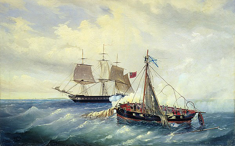«Бой парохода «Опыт» с английским фрегатом у острова Нарген 11 июня 1808 года.» рисунок Л.Блинова