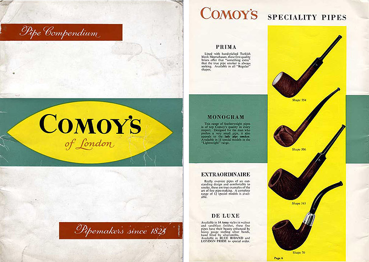 Обложка и страница каталога с грейдами курительных трубок Comoy's, начало 1960-х | PipePages.com